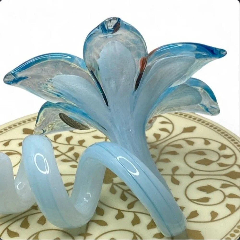 Murano Glass Hand Blown Blue Flower Twisted Stem 4” Italy Art Lily Floral